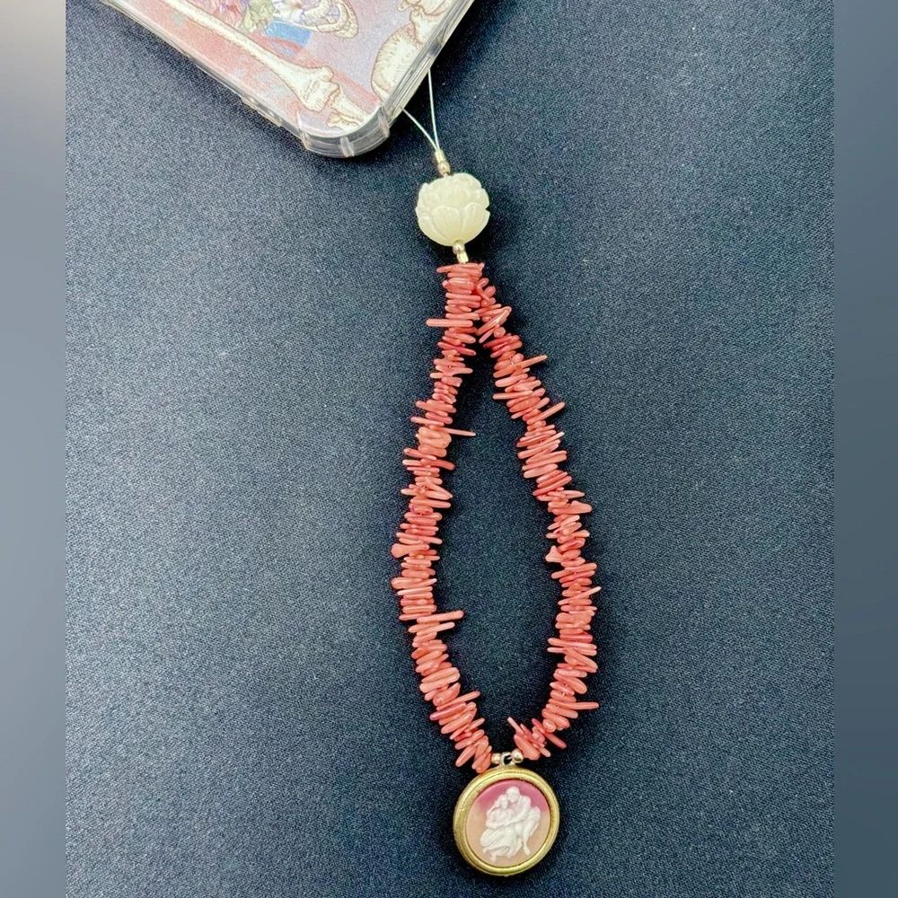Phone wristlet or bag charm, enamel cameo pendant & carved lotus blossom bead - Picture 1 of 5